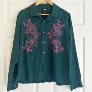 Stussy Japan Y2K Dragon Print Embroidered Button Down Shirt Green Sz Mens Small